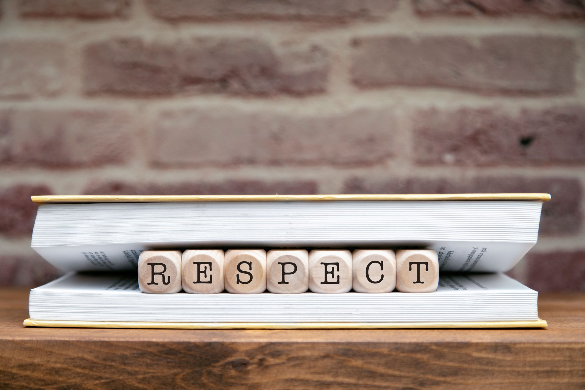 Respect word written on wooden blocks between book pages on a shelf.